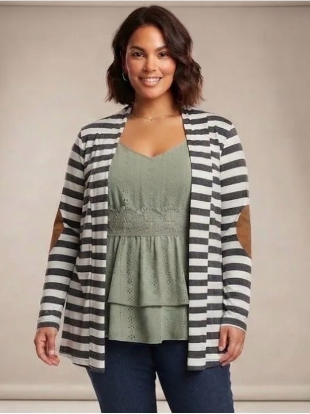 Striped Open-Front Cardigan with Tan Elbow Patches & Cami Top